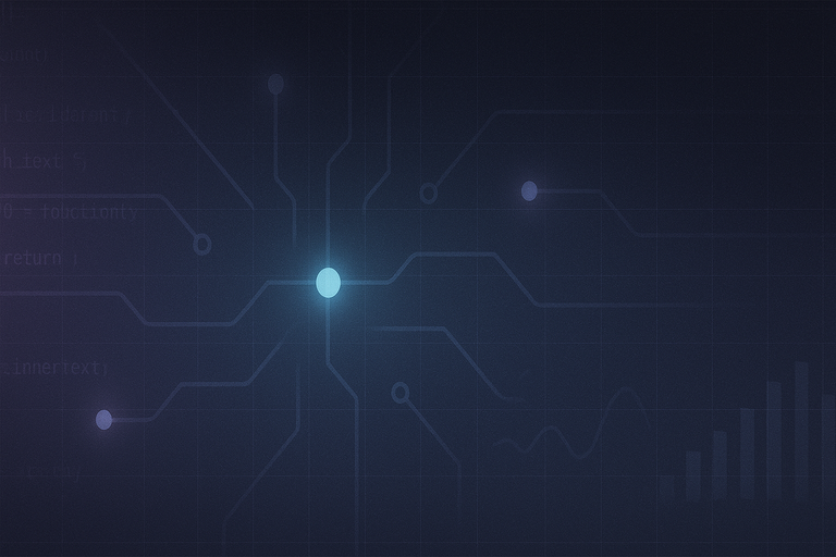 A wide banner showing abstract code and network connections